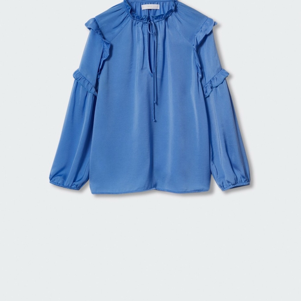 Mango Blue Ruffled Blouse with Tie Front and Mandarin Collar